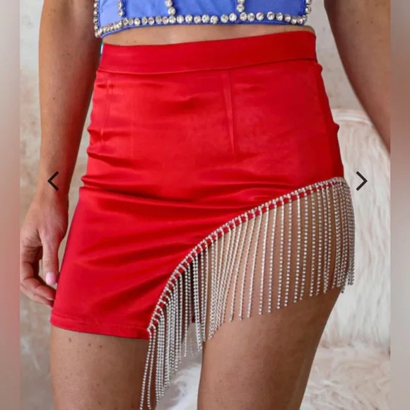 Red Satin And Rhinestone Skirt -PLEASE READ DESCRIPTION ⬇️ - Picture 2 of 4
